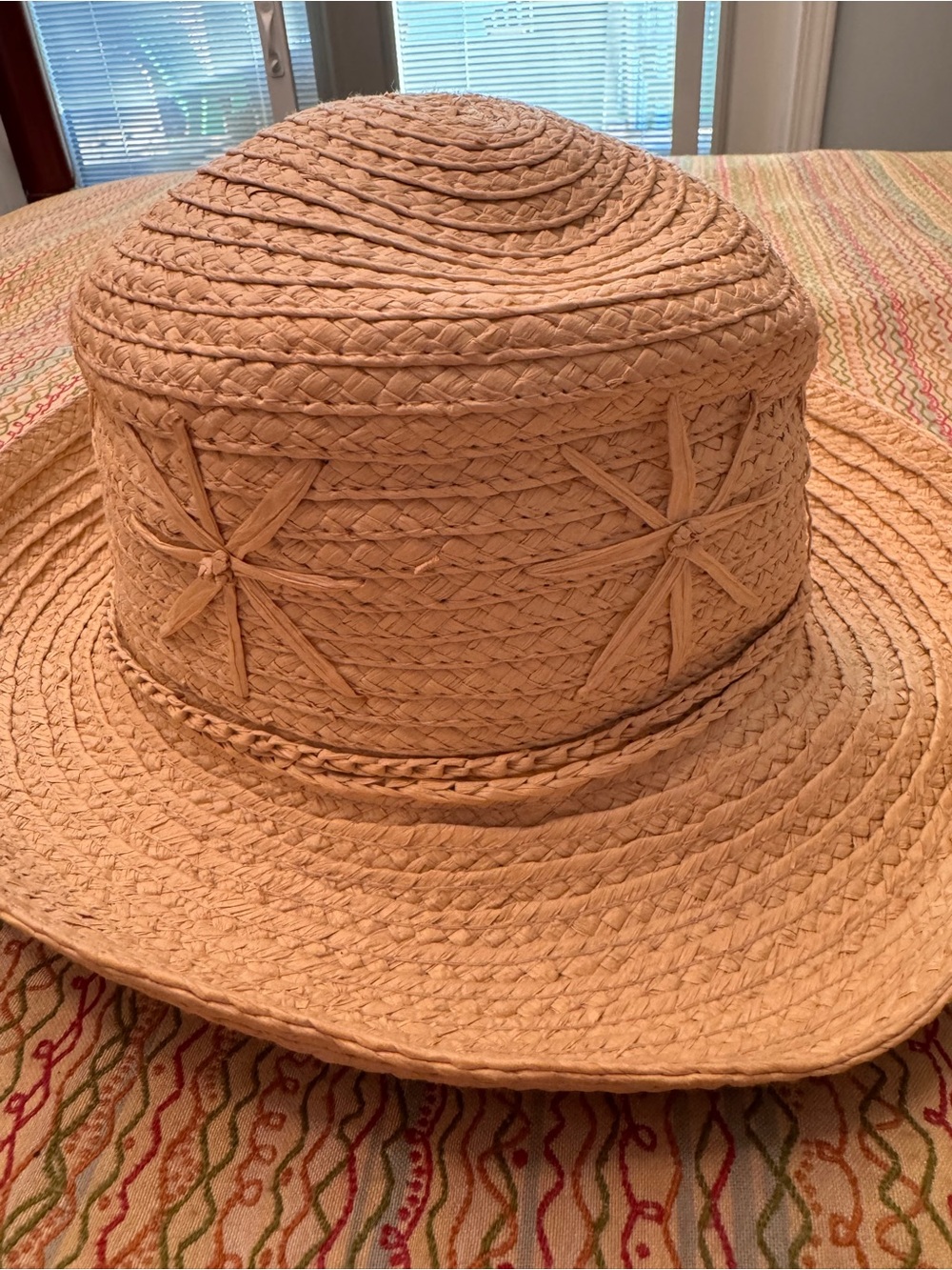 Artisan Boho Hand Woven Straw Beach Hat Wide Brim Flat Top Star Flower Detail